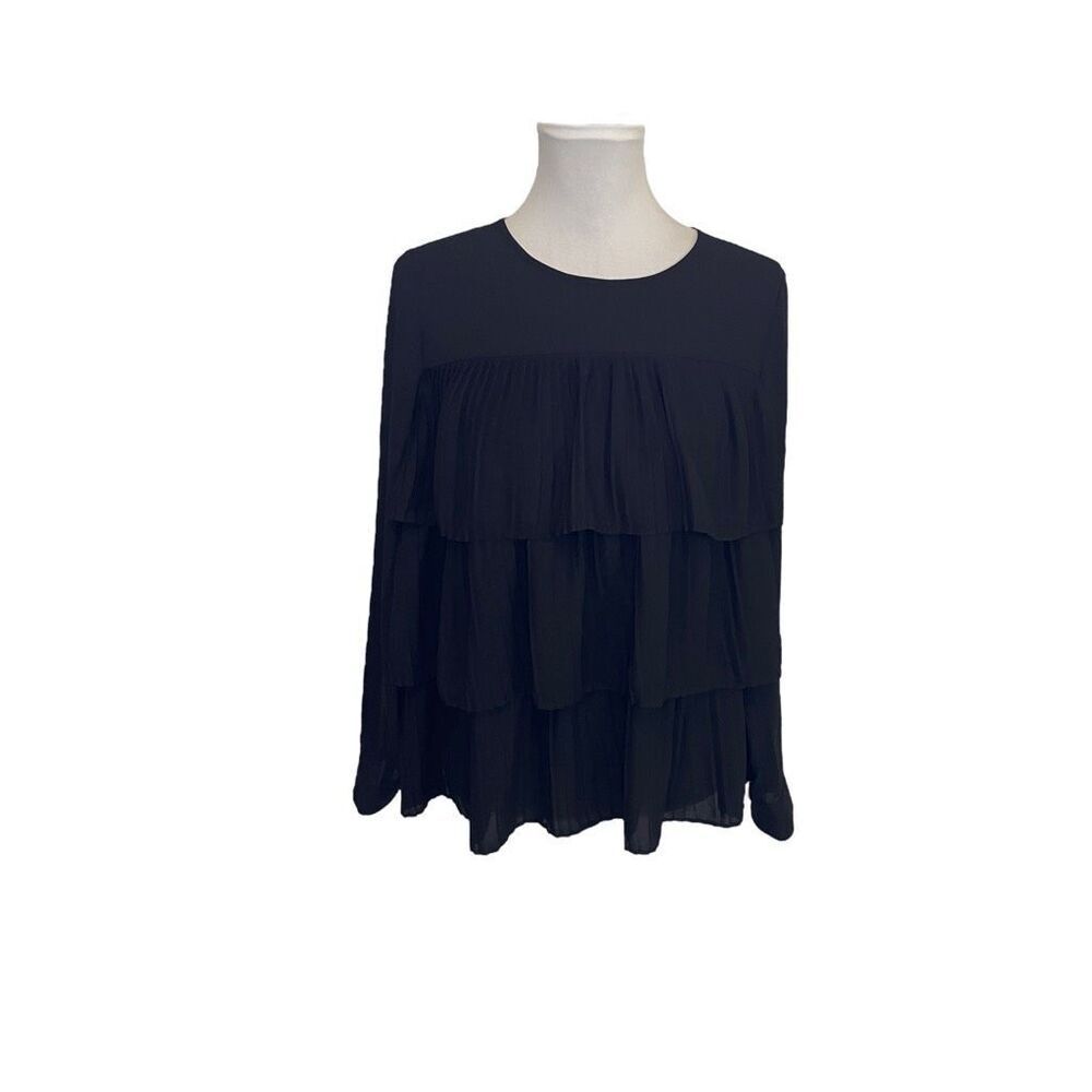 J. Jill Ruffle Pleated Tiered Long Sleeve Blouse Black size Small